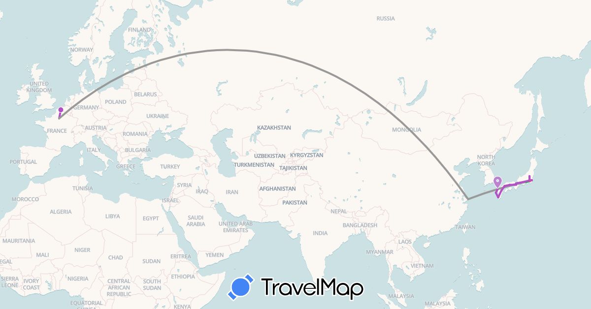 TravelMap itinerary: driving, bus, plane, train, hiking in China, France, Japan (Asia, Europe)